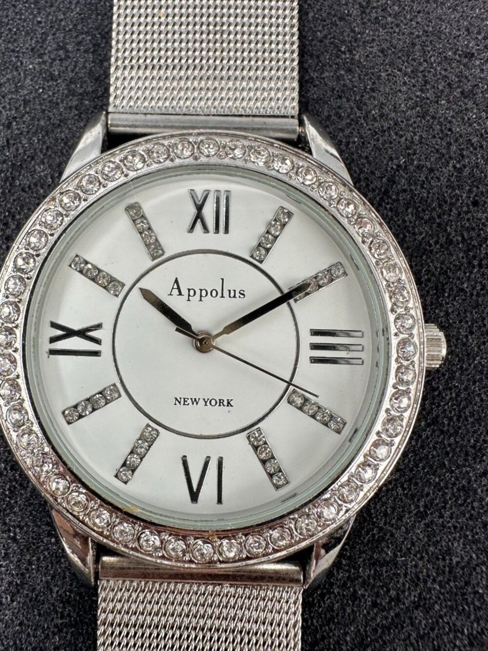 3/$30 Appolus Watch Womens Silver Tone Crystal Bezel White Dial 41MM New Battery